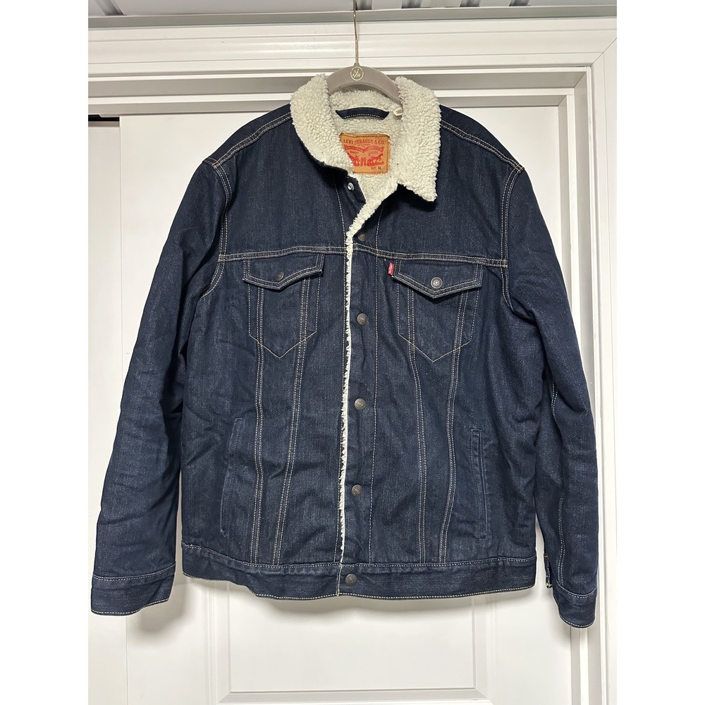 Levi's, Men's Denim Jacket With Sherpa Lining, Dark Blue Denim, Size XL